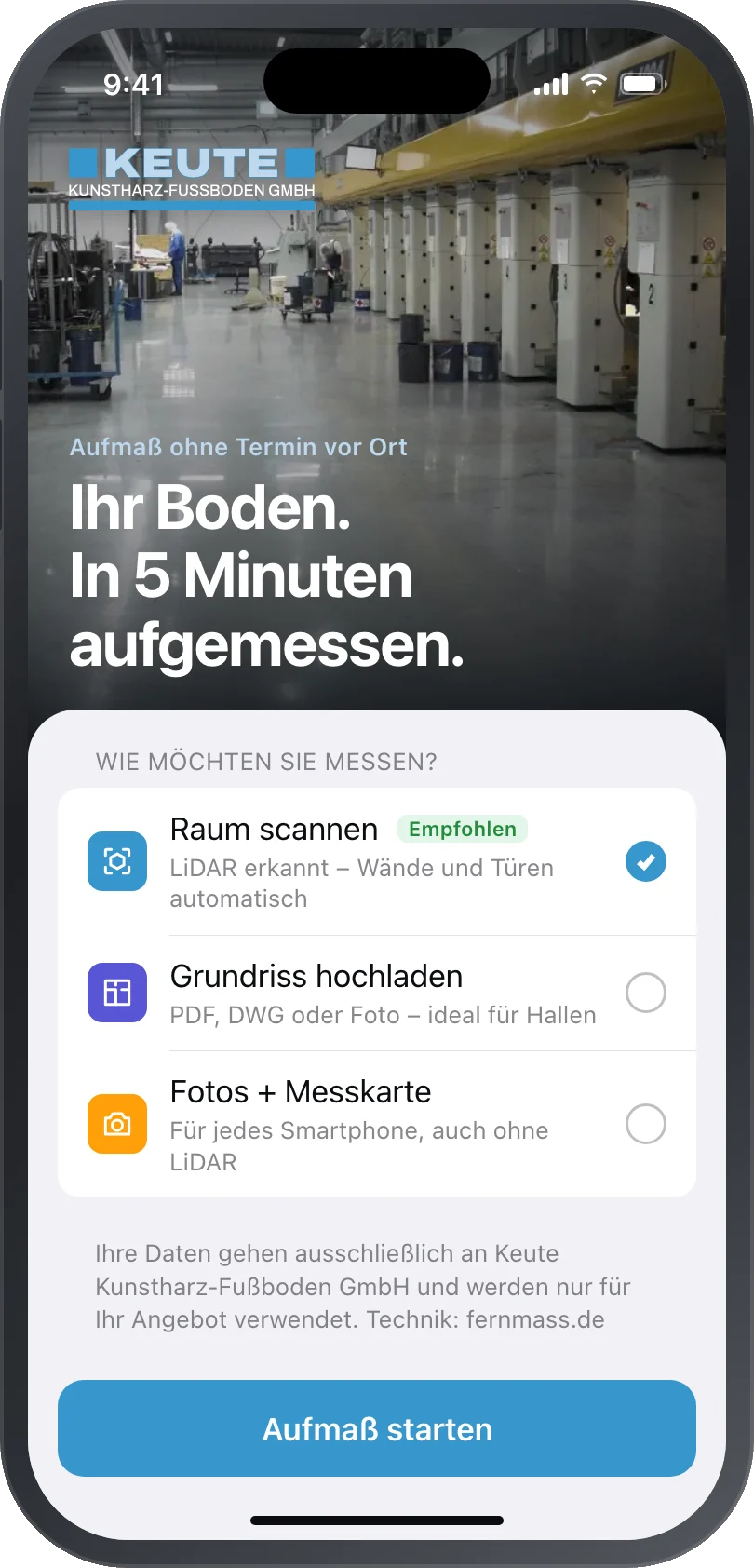 Startbildschirm der App mit Auswahl der Messmethode