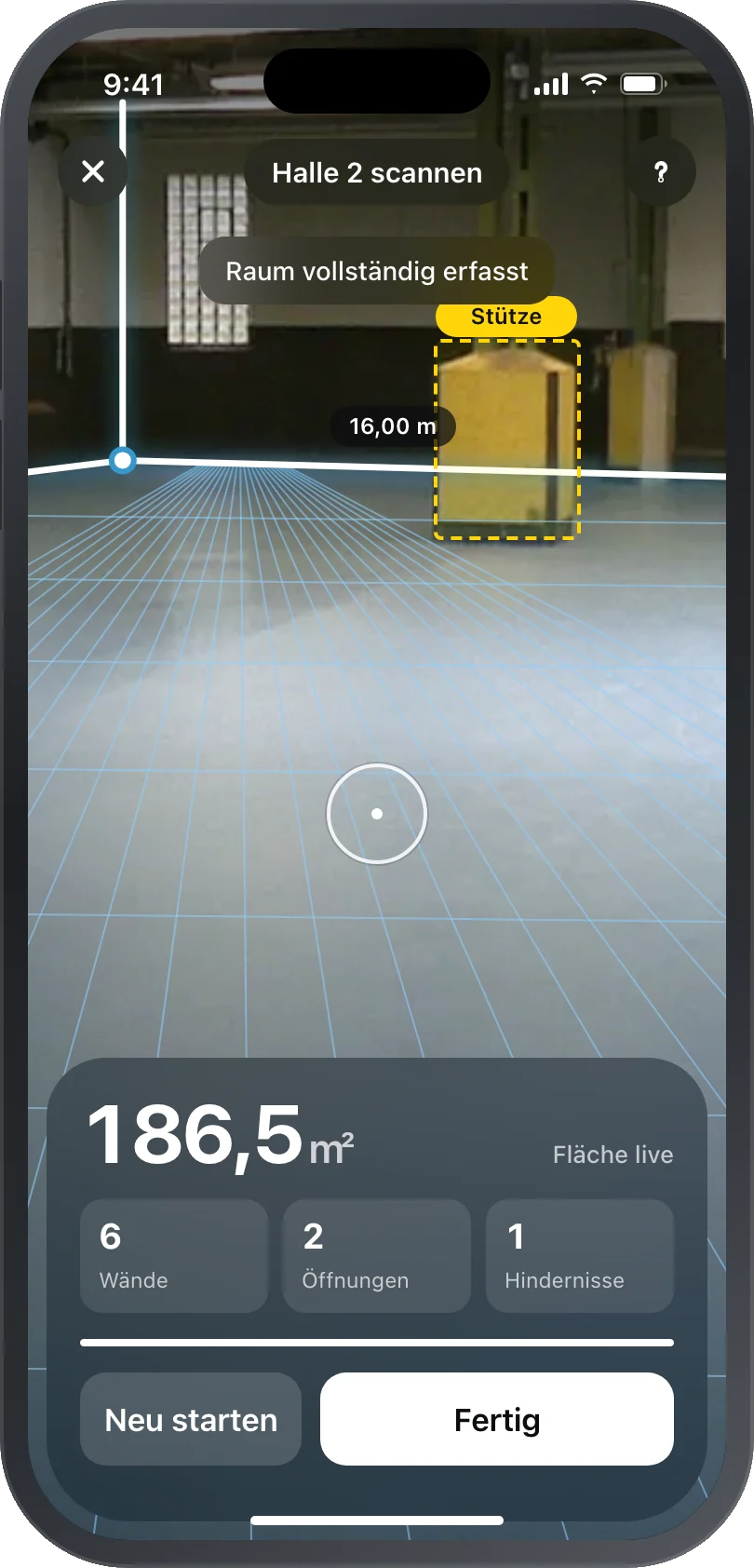 Live-Raumscan mit AR-Raster und erkannter Stütze