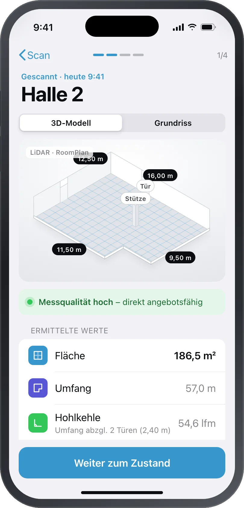 3D-Modell der Halle mit Maßen